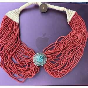 20 Strand Coral Torsade Necklace with Turquoise Centerpiece